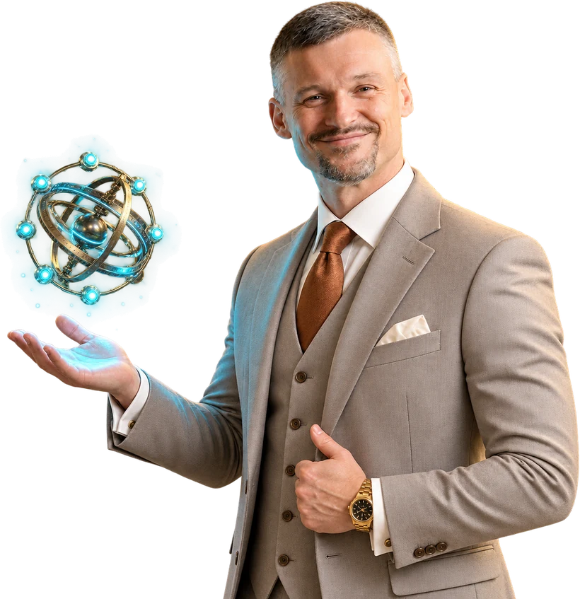 Artemus Huhn, founder, holding an eight-node brass orrery