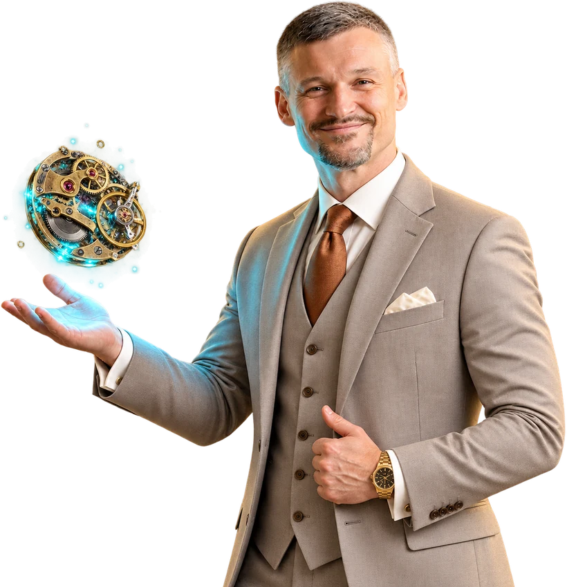 Artemus Huhn, founder, holding a brass clockwork movement