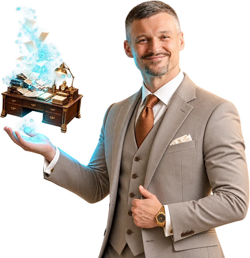 Artemus Huhn, founder, holding a desk whose paperwork is lifting away