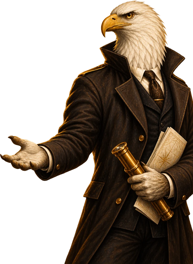 Scout &mdash; an illustrated bald eagle, indicating the way to apply