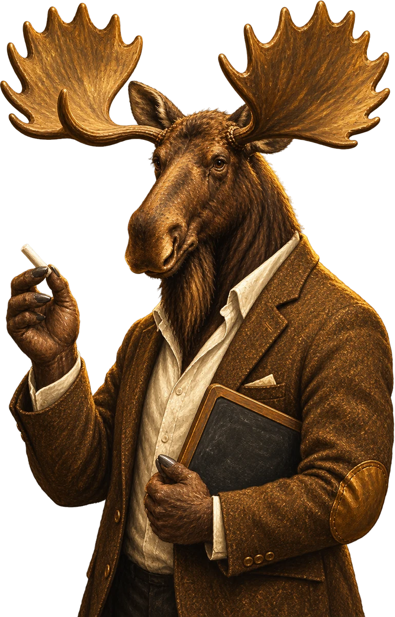 Chalk &mdash; an illustrated moose, mid-explanation at a slate