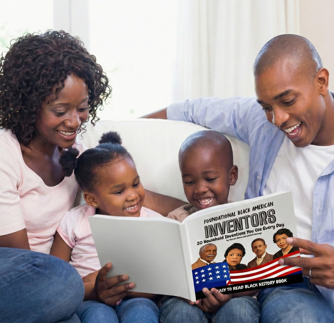 Family reading the FBA Inventors book together