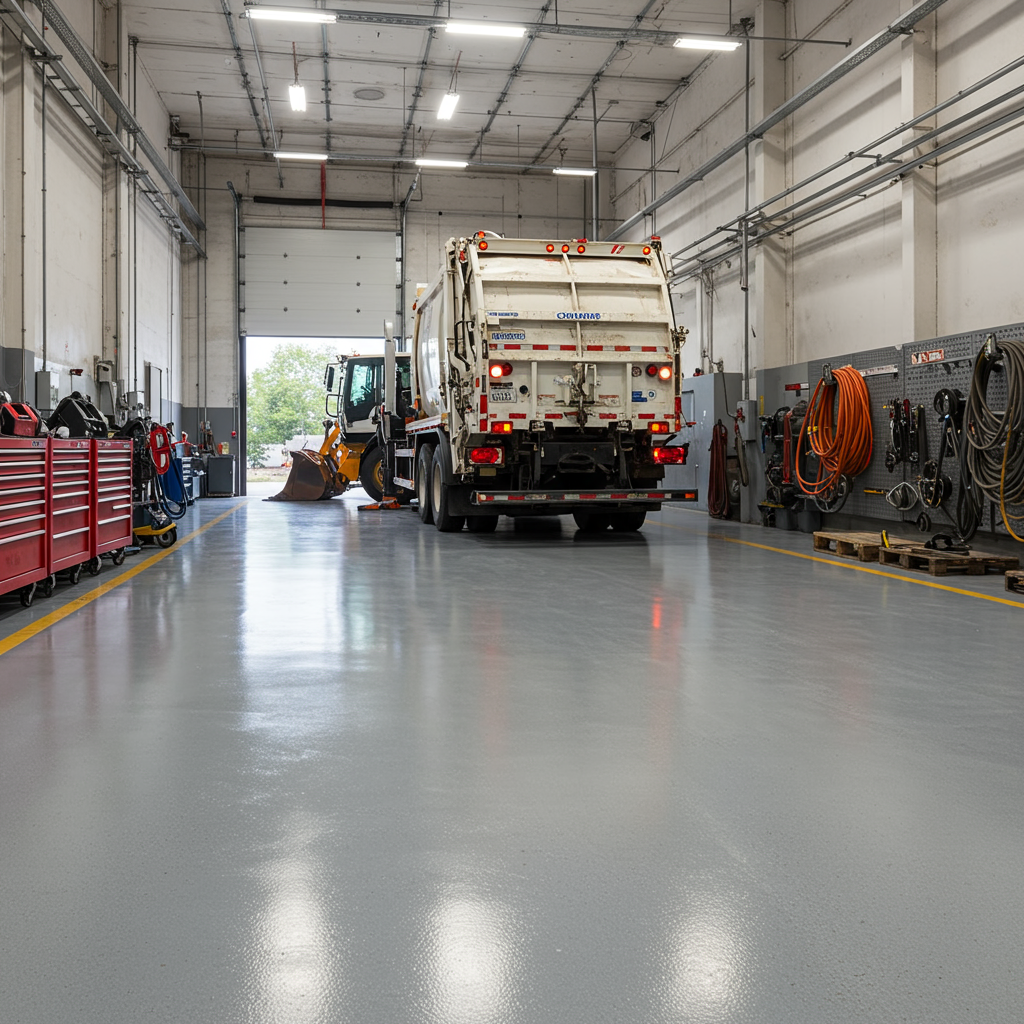Epoxy-coated floor in an active Atlanta commercial facility, the work zone sealed off while the operating bay keeps running