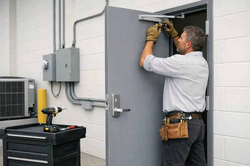 Commercial entry door repair including closers panic hardware and alignment