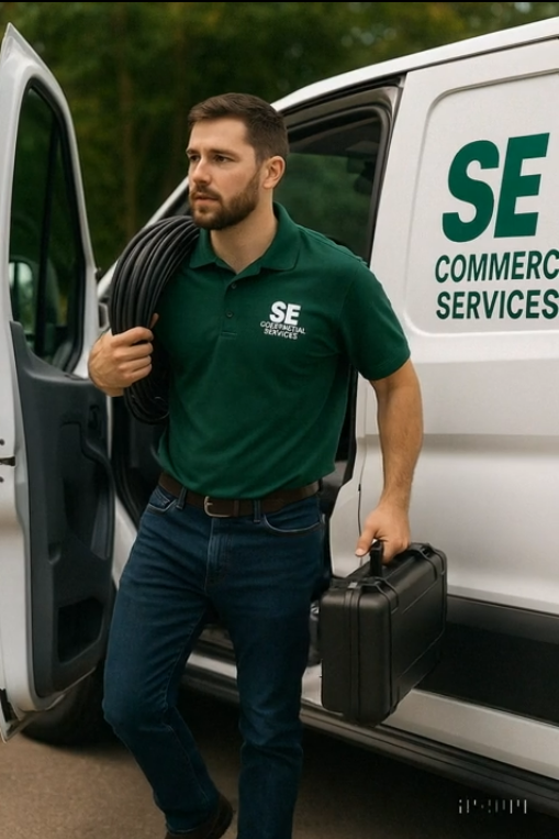 Commercial service technician performing maintenance work