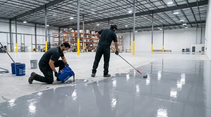 Crew installing epoxy floor coating in an Atlanta warehouse