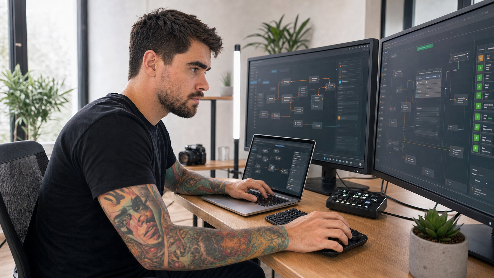 Elvis construyendo automatizaciones frente a varias pantallas con los motivos interiores de sus tatuajes visibles