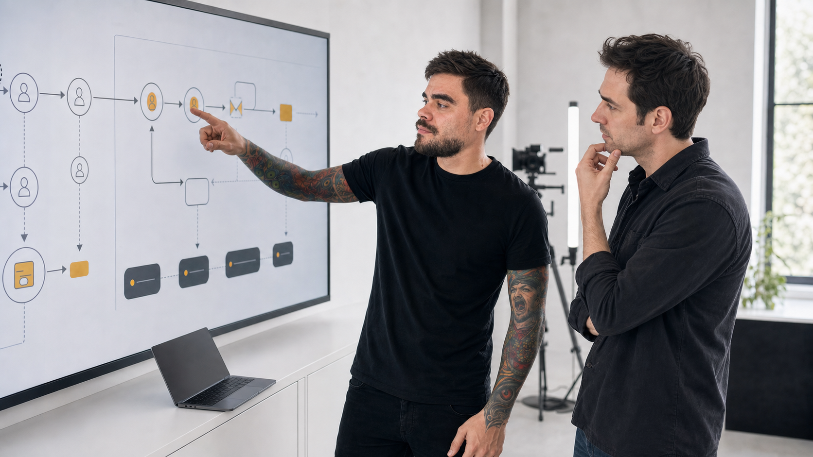 Elvis trabajando una estrategia digital con un colaborador, cámaras, iluminación y sus tatuajes reales