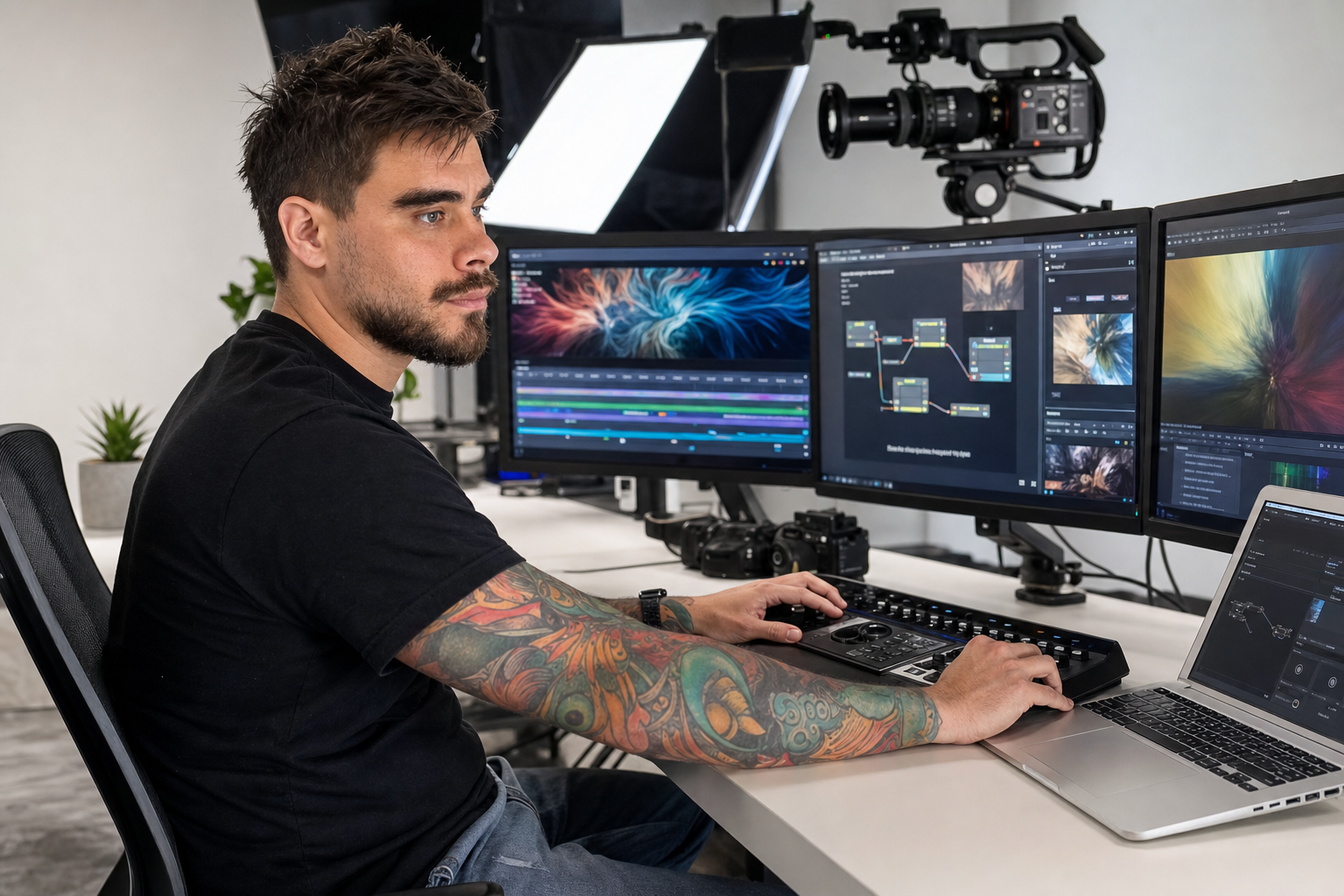 Elvis operando una producción multimedia e inteligencia artificial con sus tatuajes reales visibles