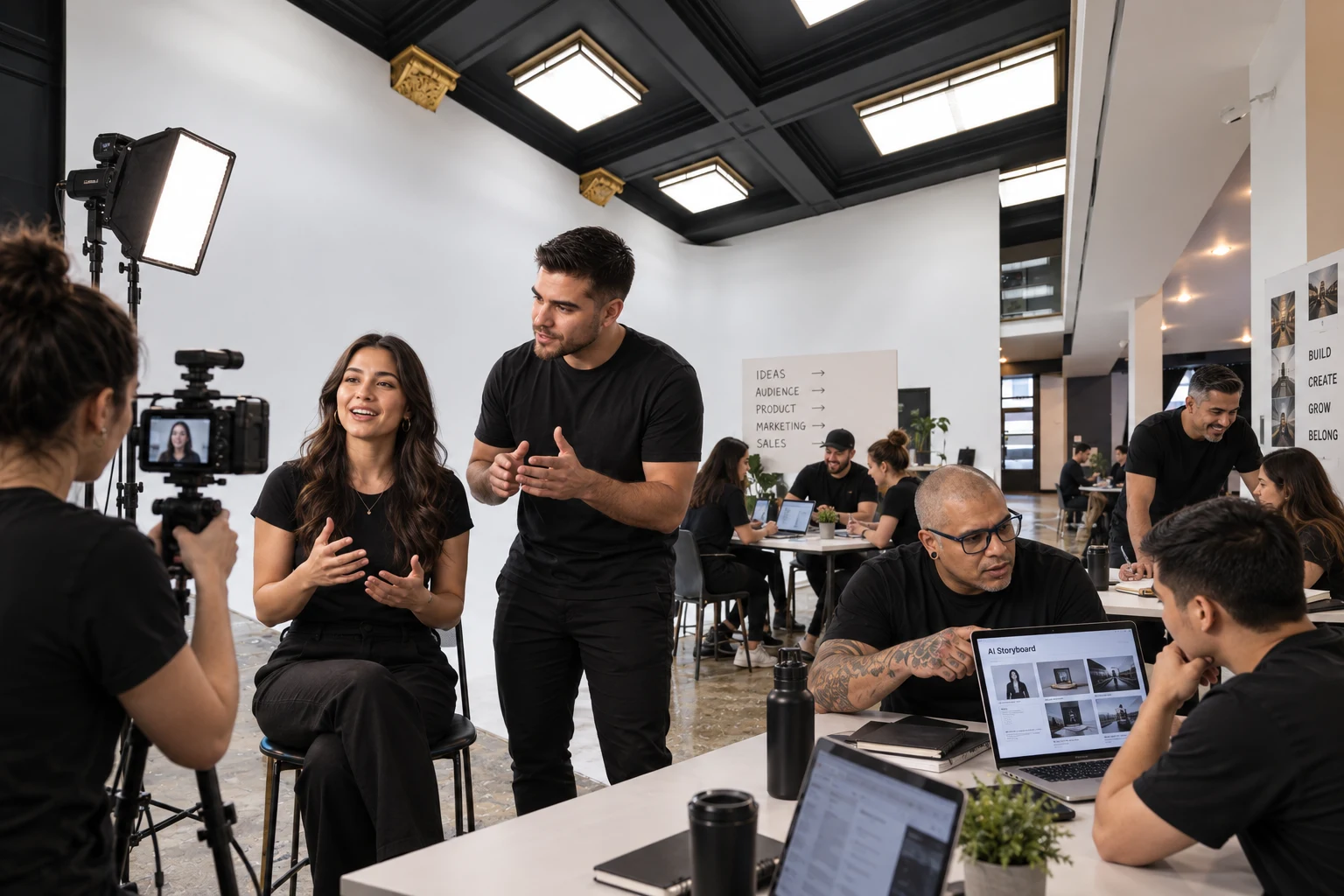 Recreación con IA de una participante grabando contenido con asesoría, cámara y luz de producción, mientras otra mesa trabaja con IA en Space67