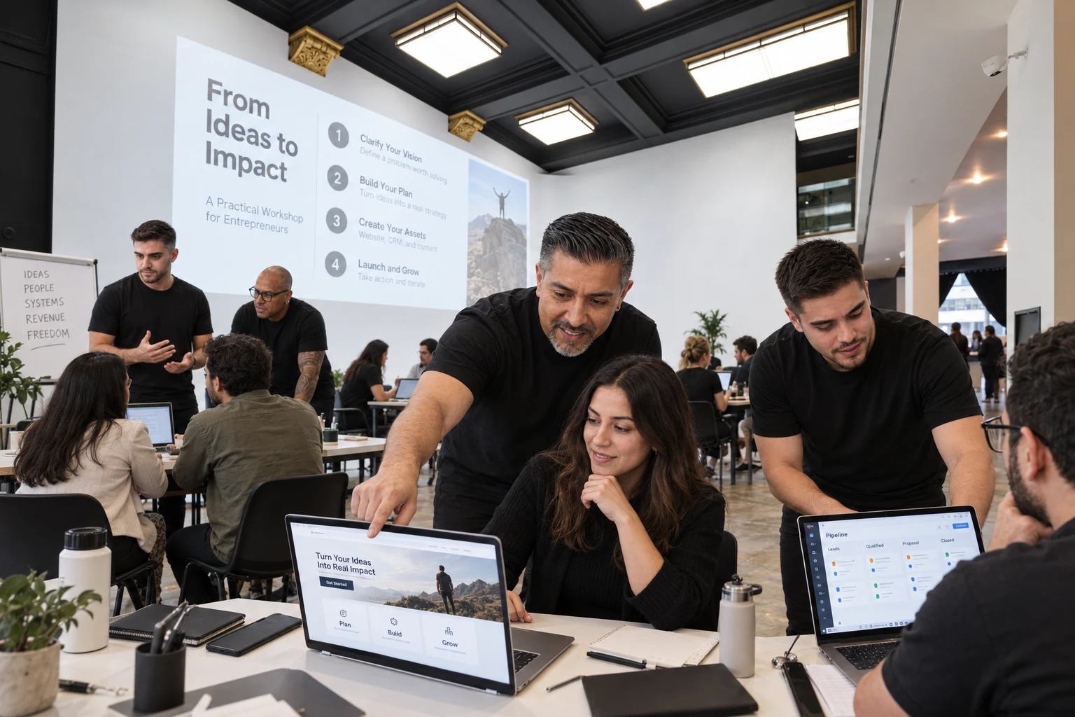 Recreación con IA de asesores vestidos de negro guiando la creación de landing pages y procesos CRM en mesas de trabajo de Space67