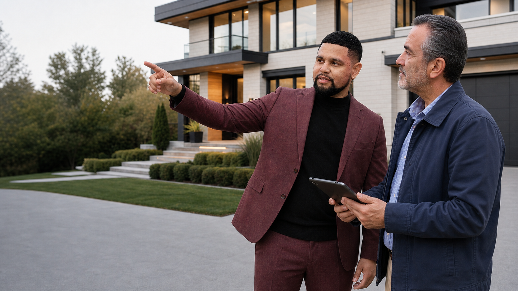 Ariel speaking with a property owner outside a modern home.