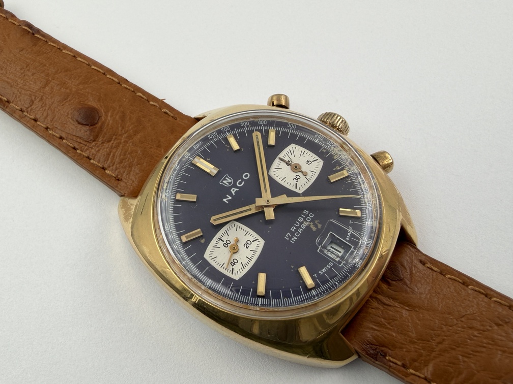 Vintage NACO Blue Manual Wind Chronograph Gold Plated Cal Valjoux