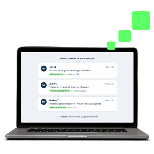 evolutionswerk Konversations-Feed: automatisierte Anfragen, Reaktivierungen und Empfehlungen über Instagram, E-Mail und WhatsApp