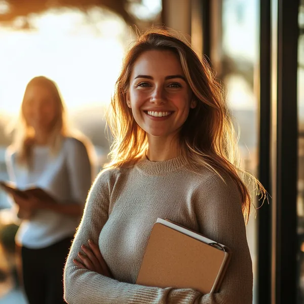 Smiling woman standing outside symbolizing empowerment and personal healing.