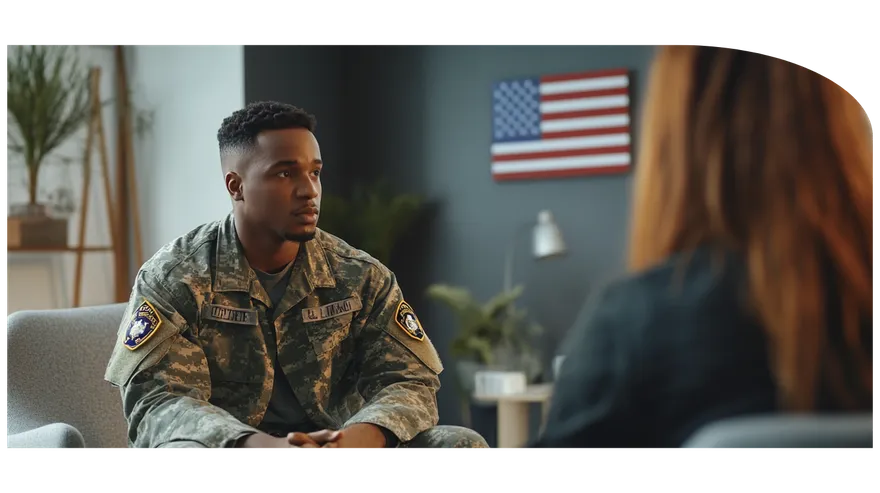 Young military man engaged in supportive therapy and recovery services.