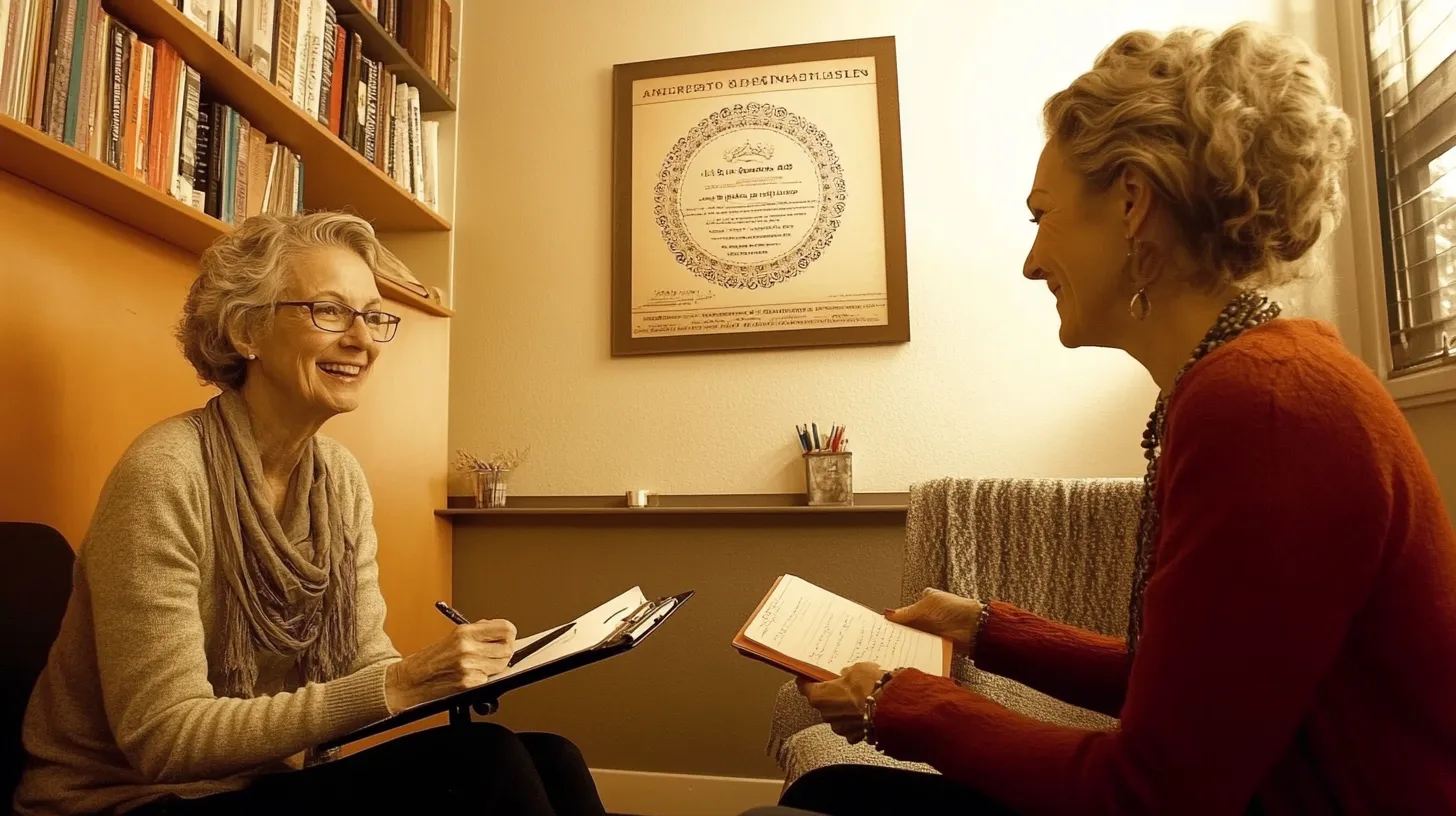Therapist and client talking in a cozy office, highlighting compassionate therapy sessions.