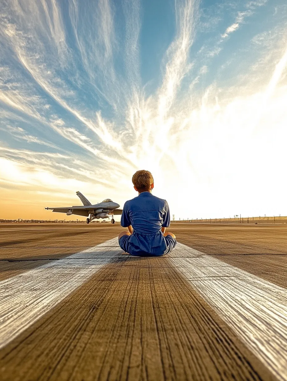 Air Force officer sitting by a jet runway at sunset, reflecting resilience and future possibilities.