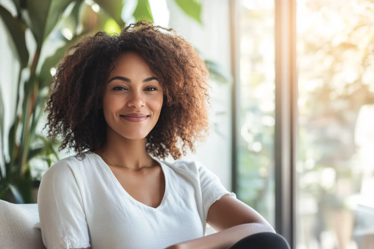 Woman smiling confidently after achieving emotional growth through therapy support.