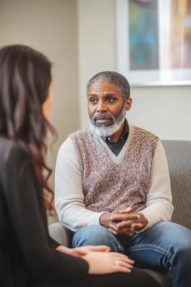 Man engaged in thoughtful individual therapy session focused on emotional healing.