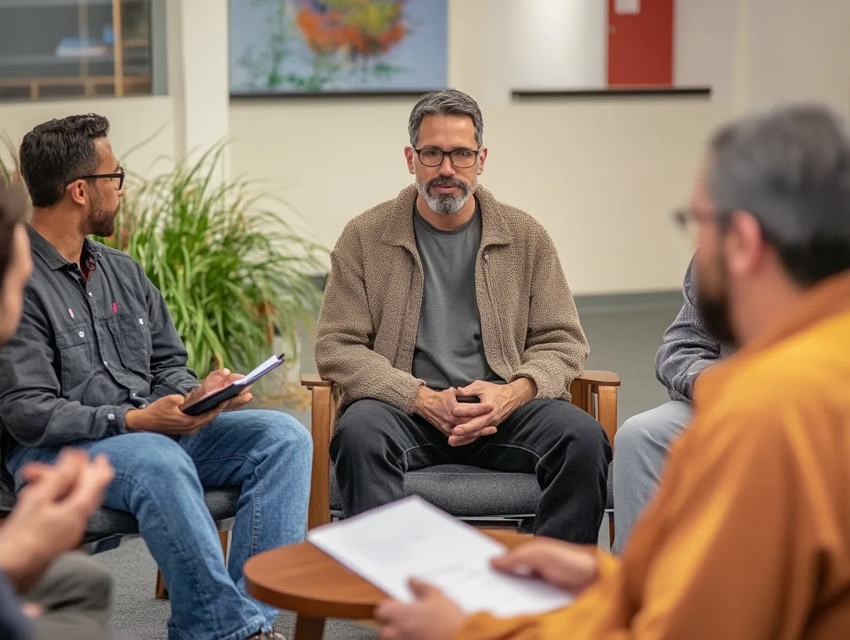 Group discussion promoting connection and healing in therapy. 