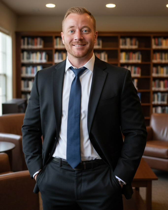 Portrait of smiling therapist in front of a colorful sunset background, representing warmth and care.
