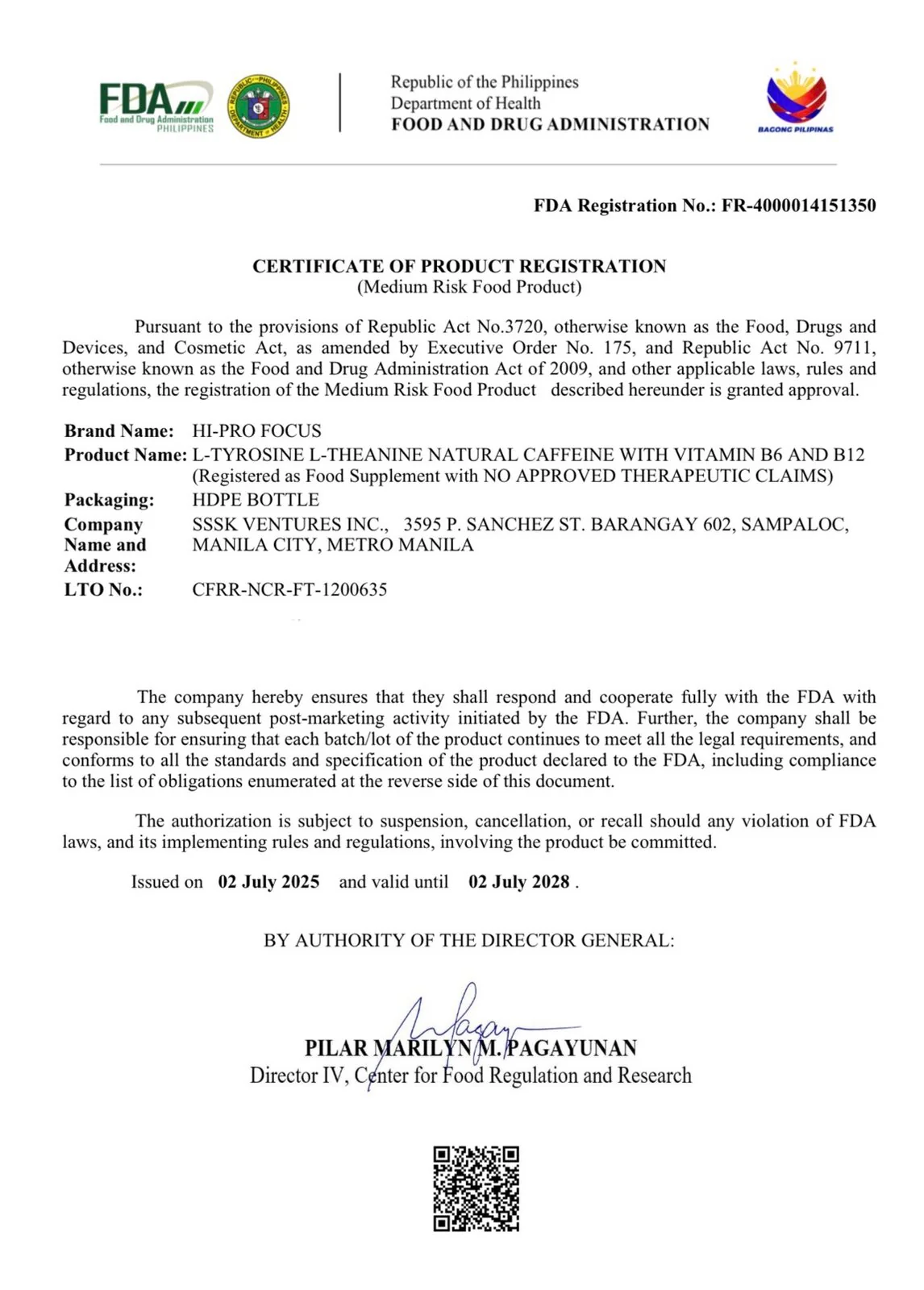 Hi-Pro Relax FDA registration certificate