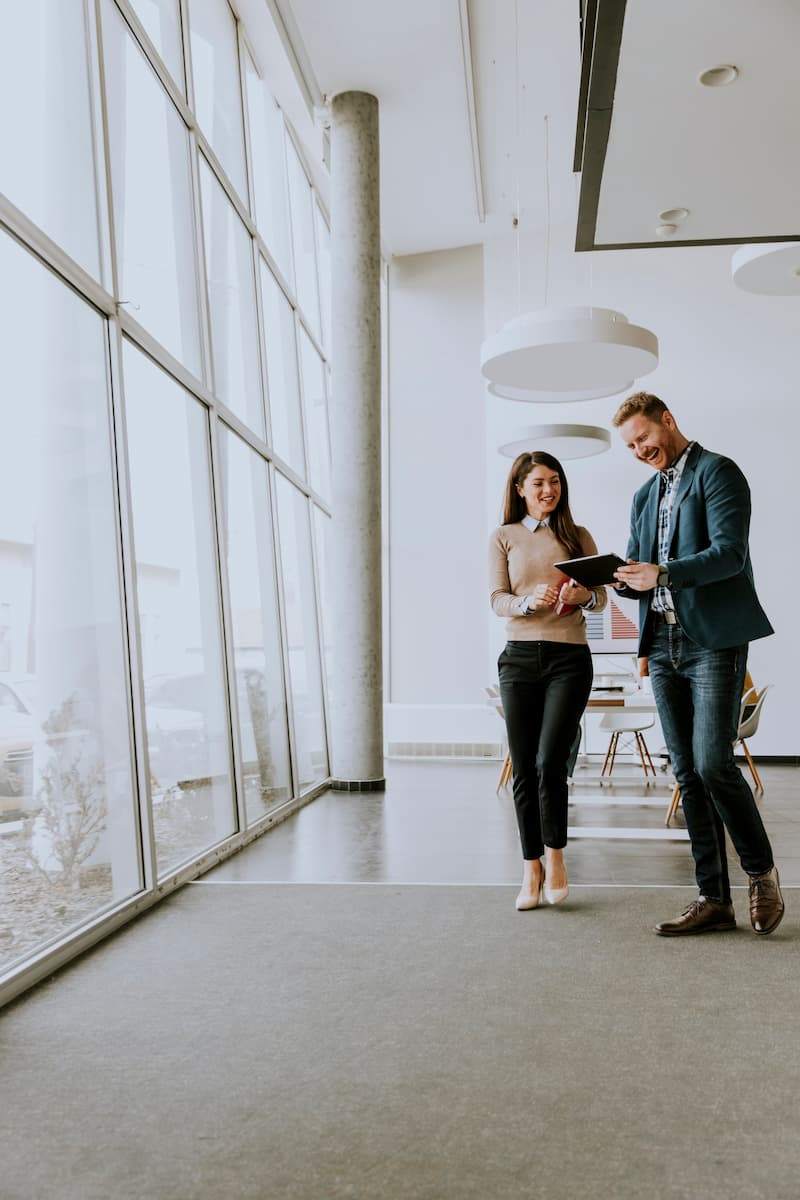 Professionals collaborating in a modern workplace