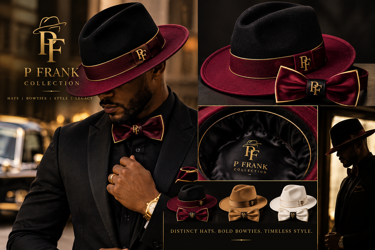 The P. Frank Collection hats in black, burgundy, tan and cream