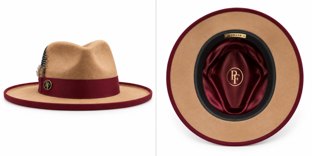 Camel fedora with a burgundy band from The P. Frank Collection