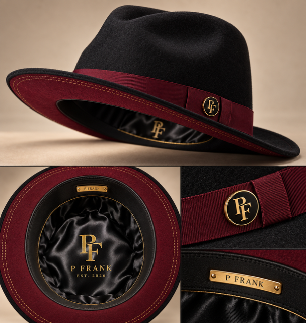 Black fedora with a burgundy band and monogram details