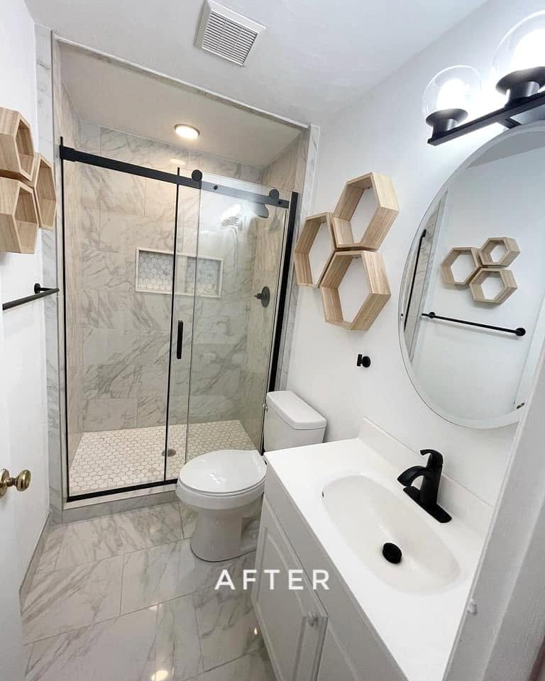Small bathroom after modern tile and shower renovation