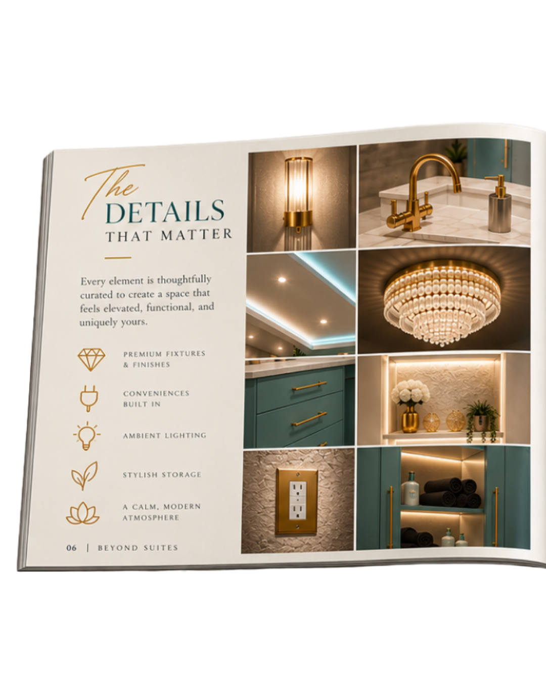 A magazine spread featuring the details of a Suites Beyond Suites fixture design
