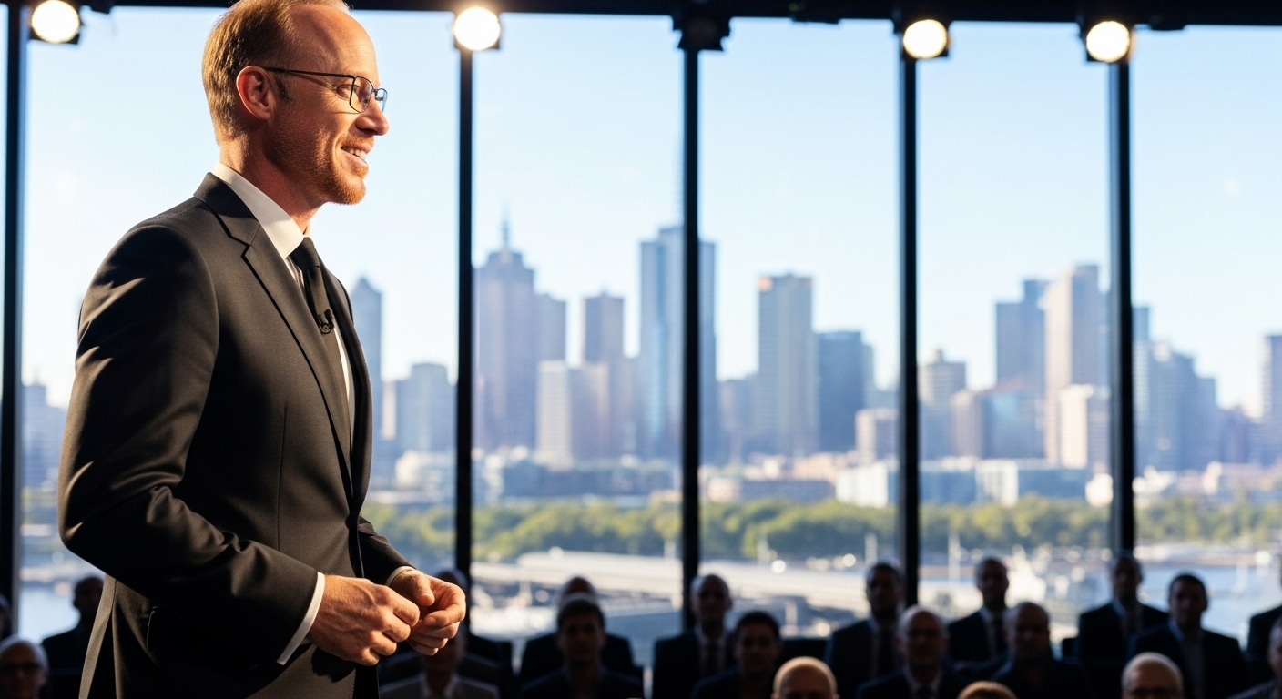 Thomas speaking, city skyline behind