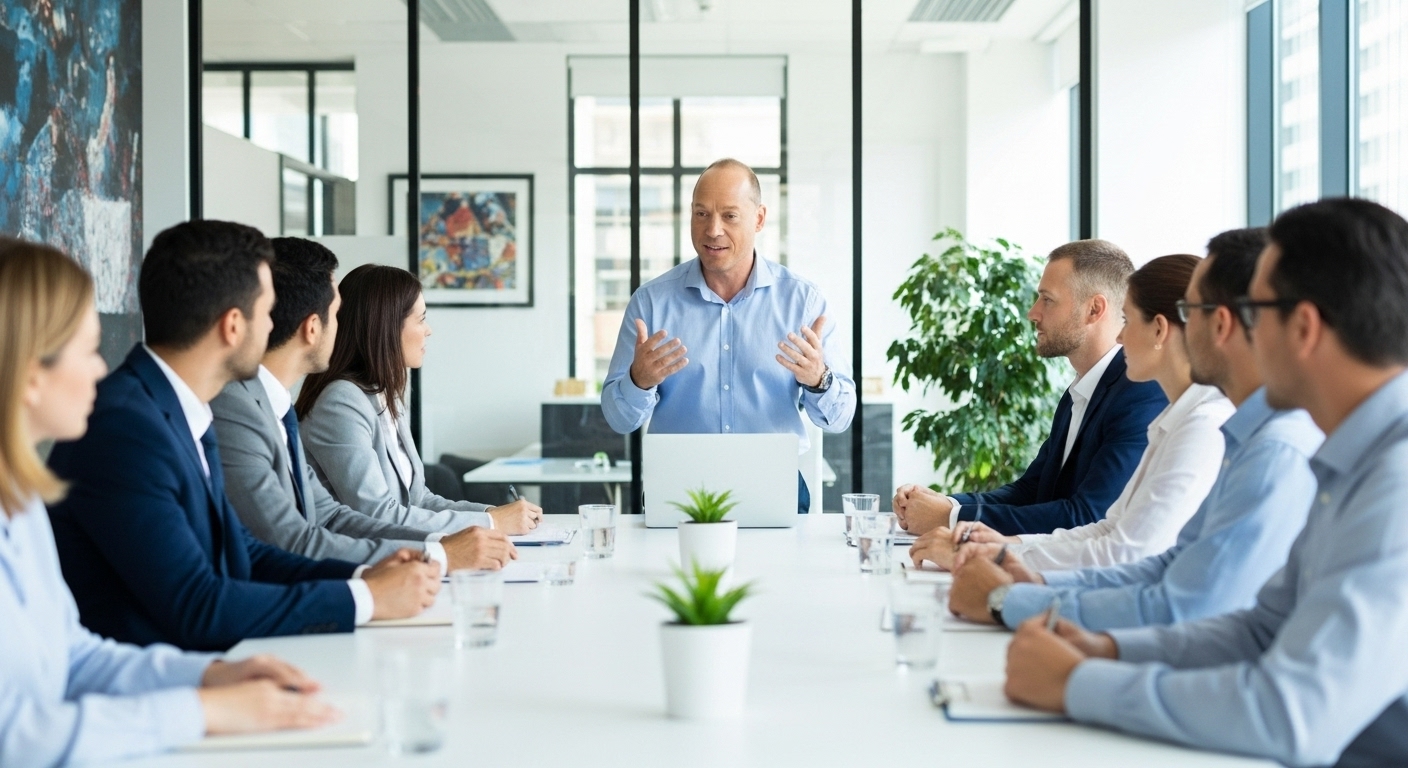 Thomas presenting to a group in a bright boardroom