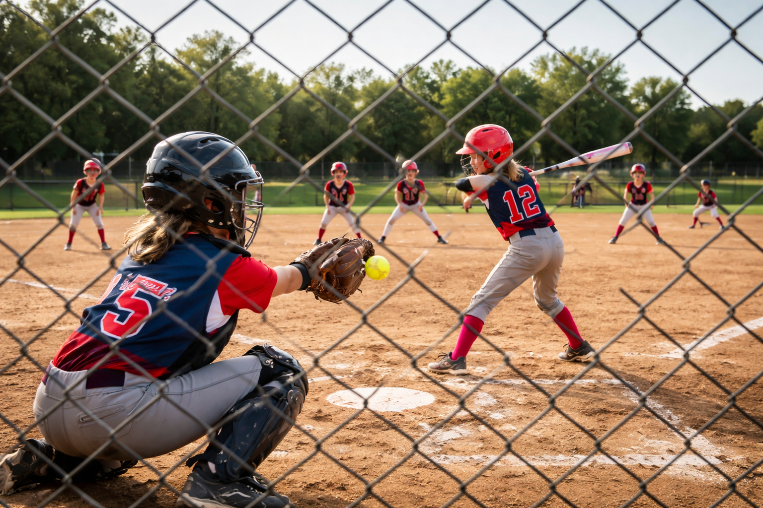 Girls playing youth softball on baseball field - small business owners miss kids games while chasing leads - Patriot Business Systems CRM automates follow-up scheduling reviews so you never miss another game