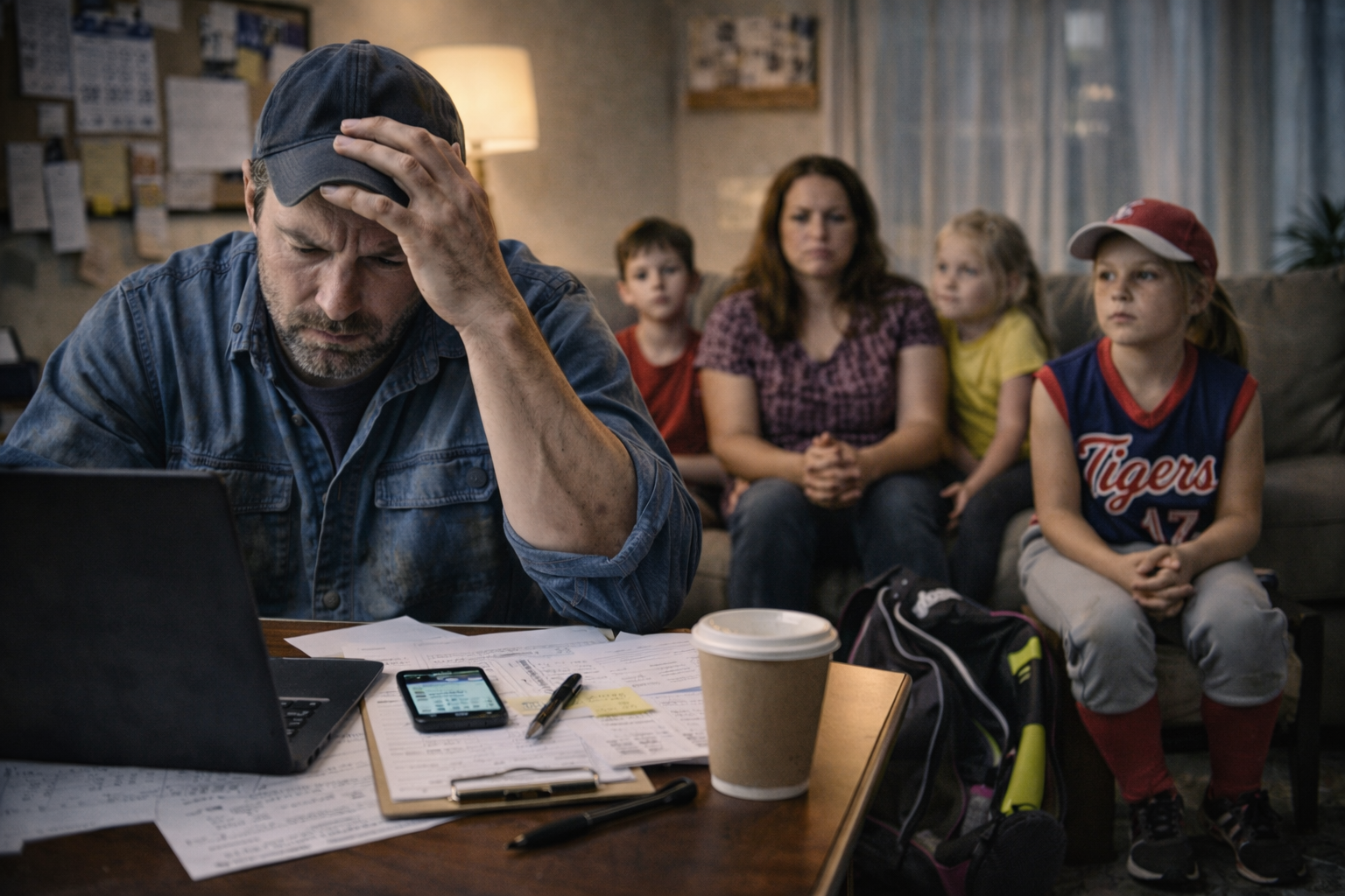 Stressed small business owner working on laptop while family waits - CRM automation for contractors roofers HVAC plumbers saves time with automated lead follow-up and appointment scheduling
