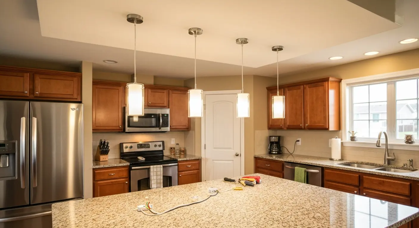 Kitchen lighting installation with pendant lights