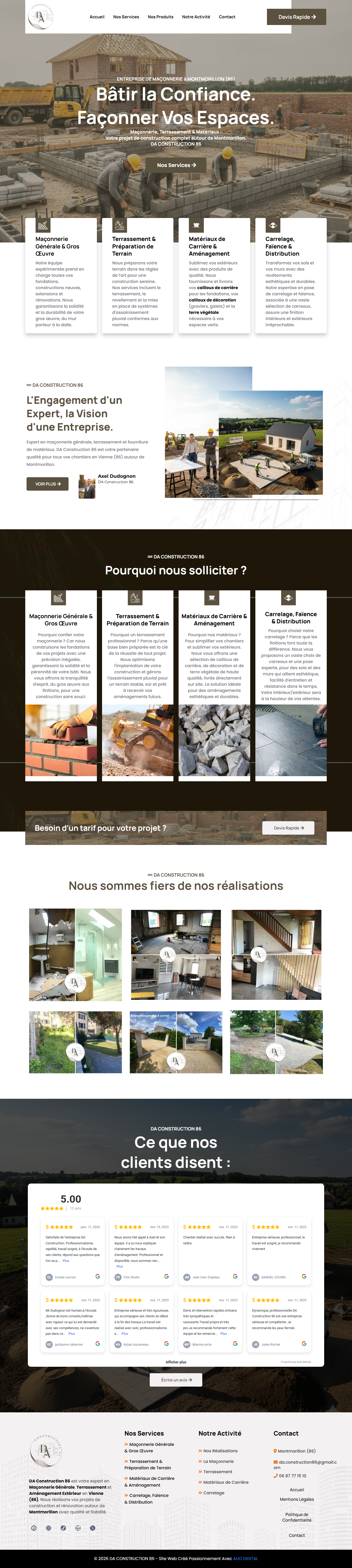 Capture d'écran du site web DA Construction 86 présentant des services de maçonnerie générale, terrassement, rénovation et avis clients dans la Vienne.