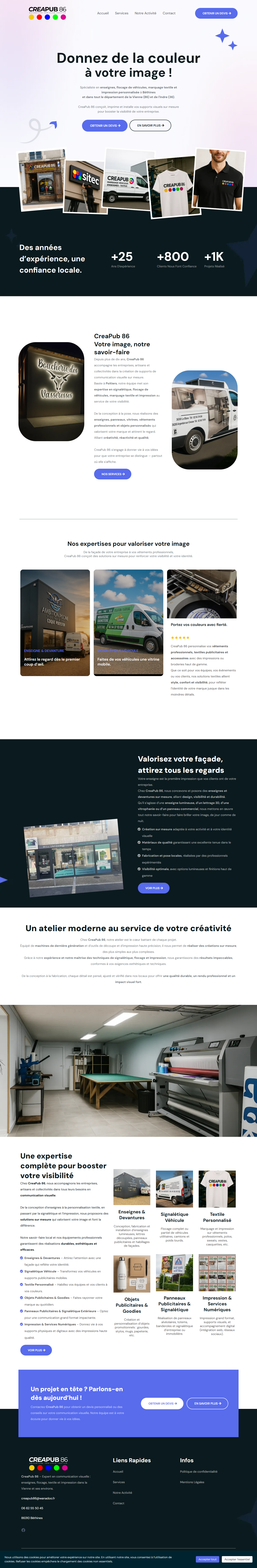 Site web Créapub 86 : Expert en communication visuelle, marquage de véhicules, enseignes lumineuses et impression publicitaire personnalisée dans la Vienne.