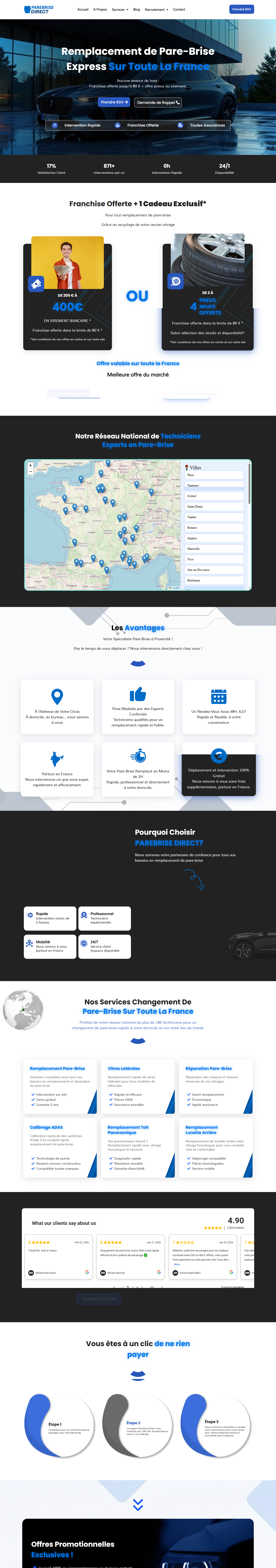 Site officiel de Pare-Brise Direct : Service de remplacement de pare-brise express sur toute la France, avec franchise offerte, cadeau exclusif et intervention à domicile ou sur lieu de travail.