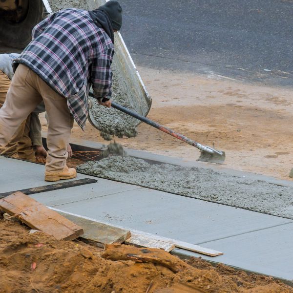 man flattening sidewalk concrete