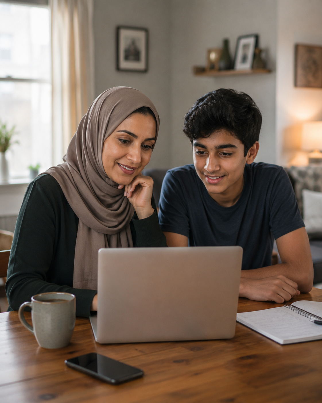 A mom and her teenage son working through a plan together on a laptop