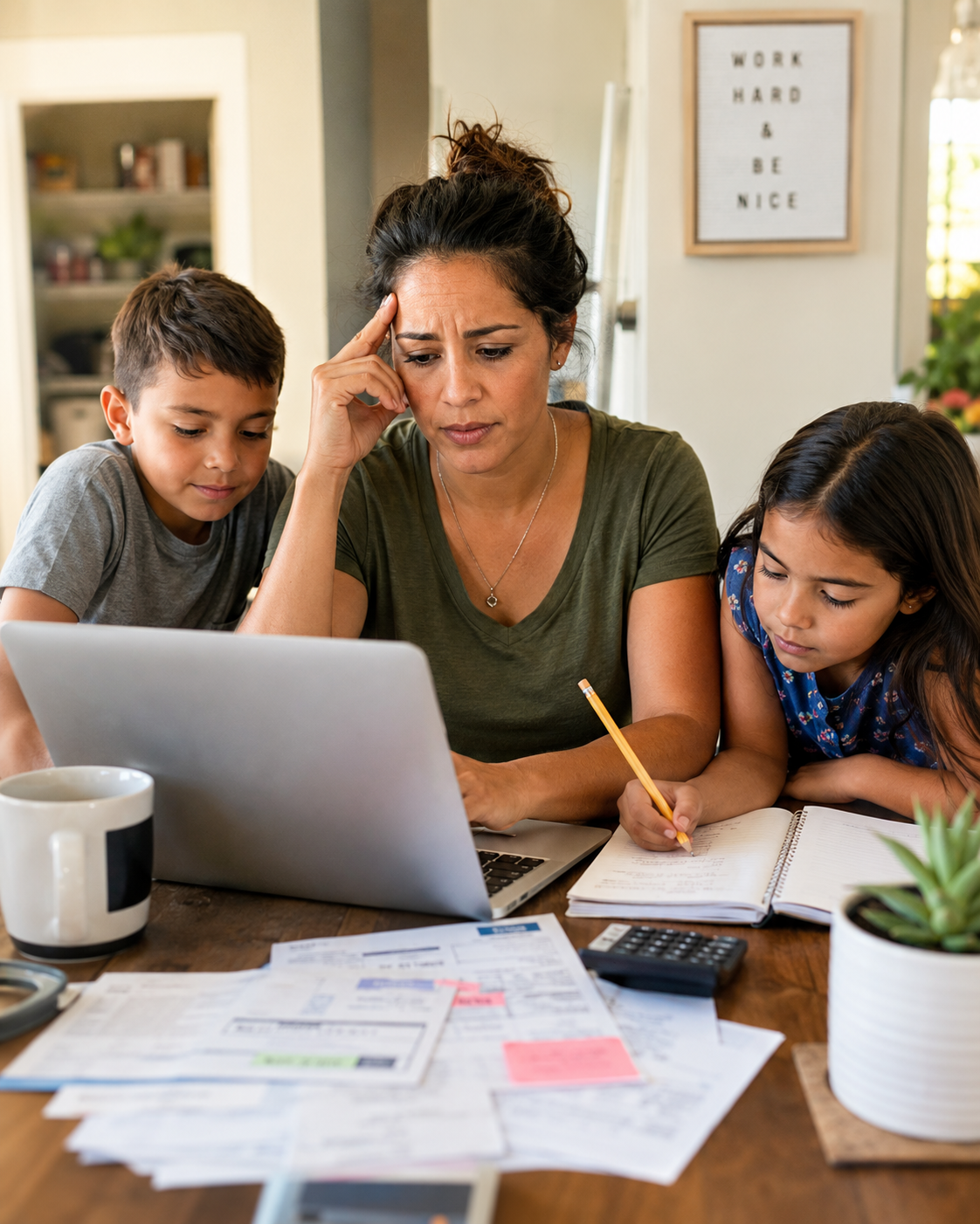 A mom helping her two kids with schoolwork at the kitchen table
