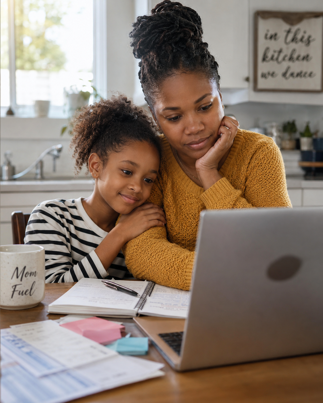 A mom and her daughter reviewing a budget notebook together, Mom Fuel mug on the table