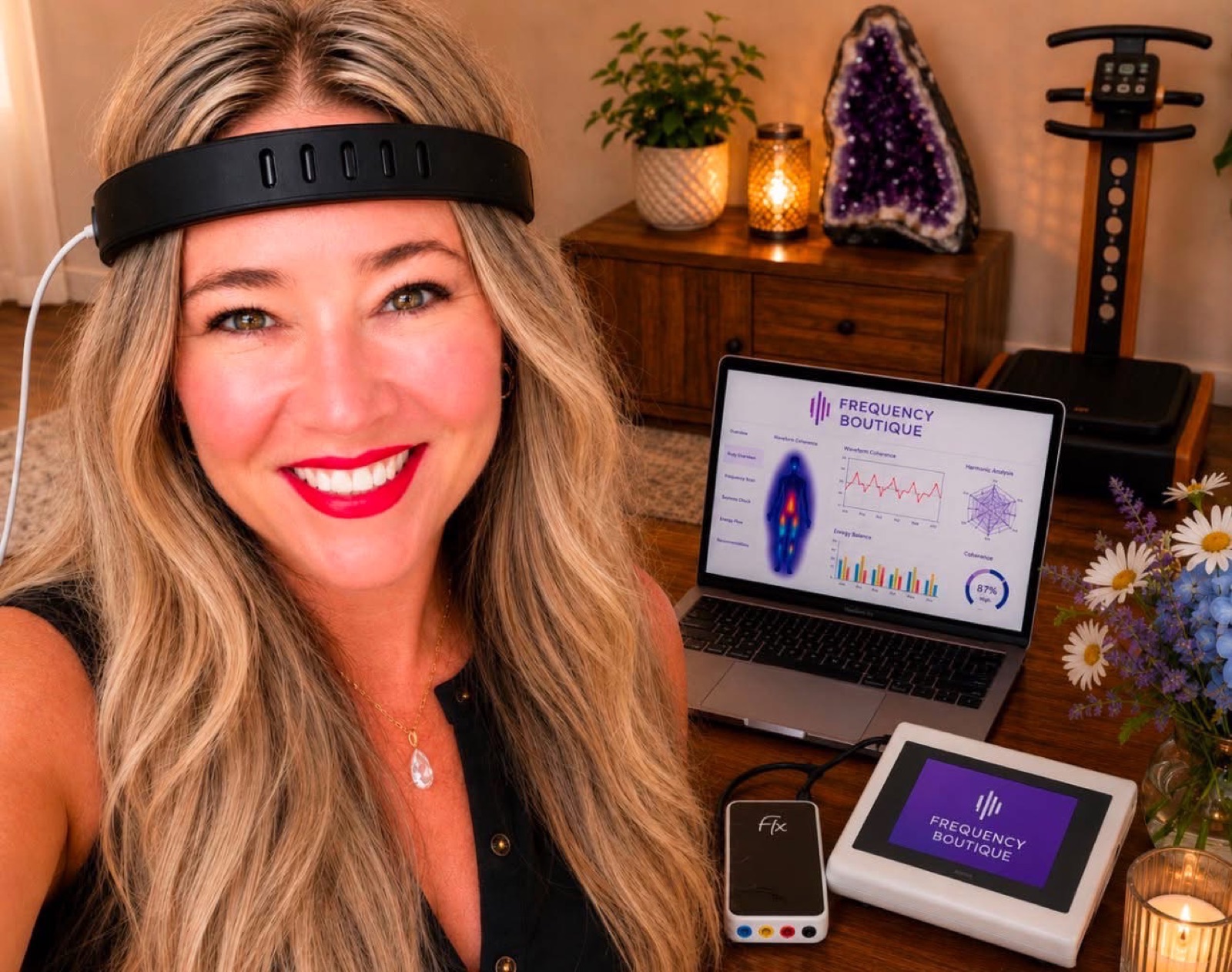 Kathryn Belleville smiling, wearing a quantum biofeedback headband beside the QUEX ED
