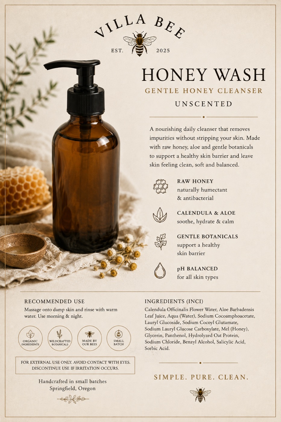 Villa Bee Honey Wash product sheet
