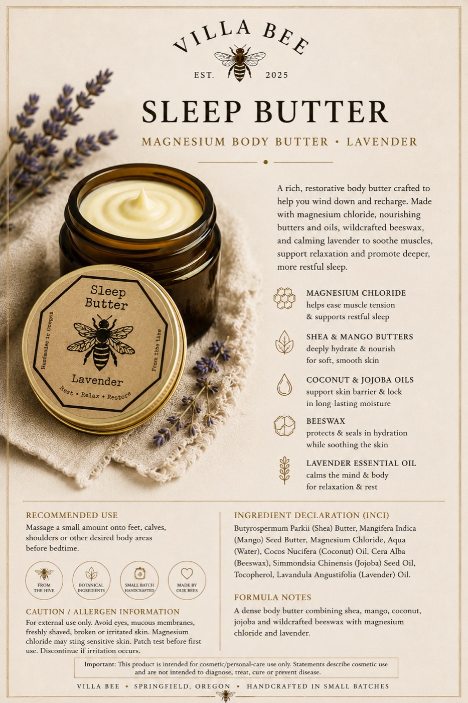 Villa Bee Sleep Bee (Sleep Butter) product sheet