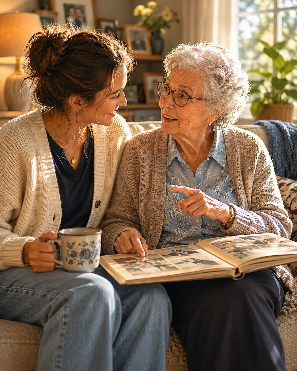 A Sunny Days caregiver and client sharing a warm moment over coffee
