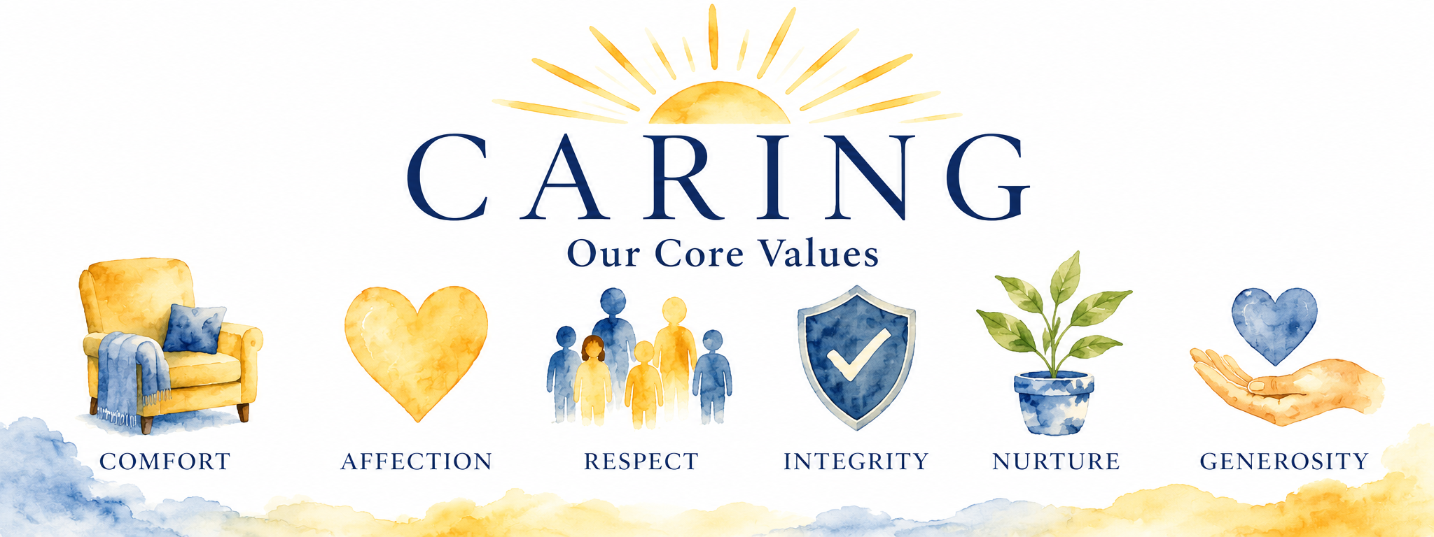 CARING - Our Core Values: Comfort, Affection, Respect, Integrity, Nurture, Generosity